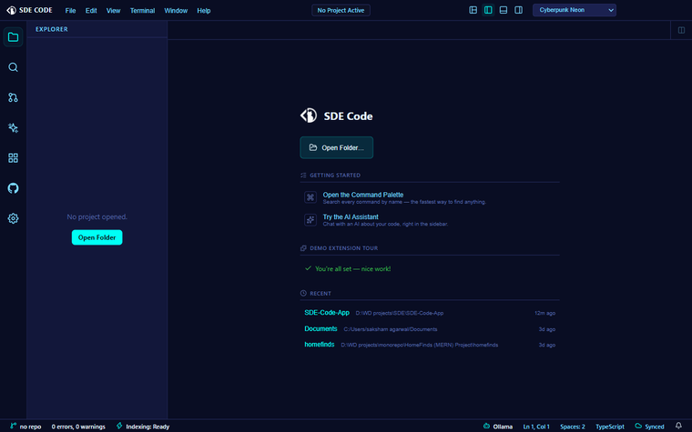 SDE Code’s welcome screen with quick-start actions