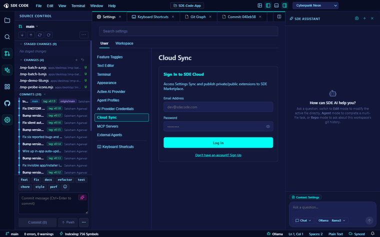 Switching between the Explorer, Git, and Extensions panels, with the AI Assistant open alongside
