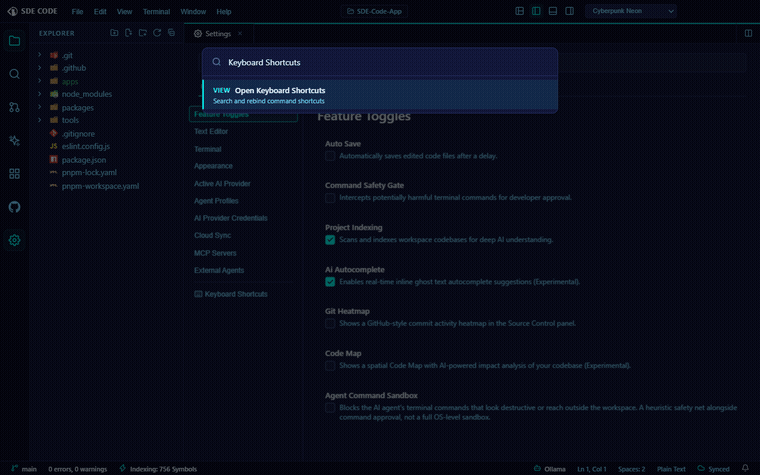 The Keyboard Shortcuts panel