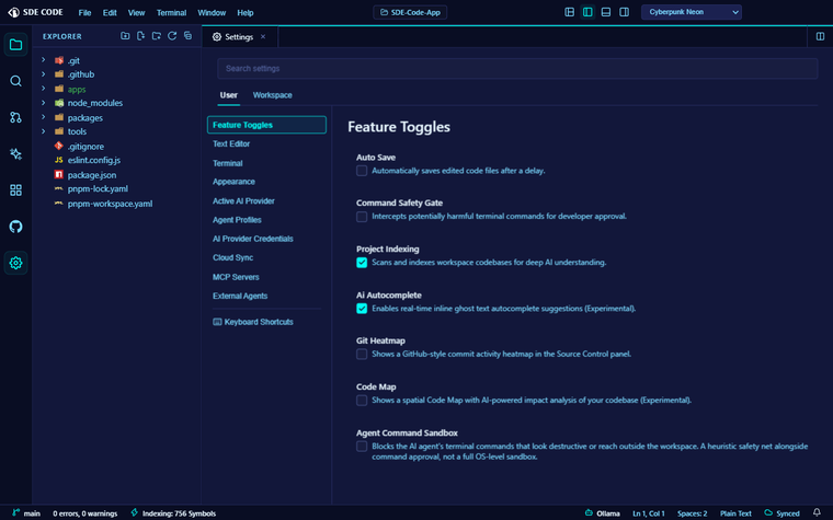 The Settings panel’s Feature Toggles